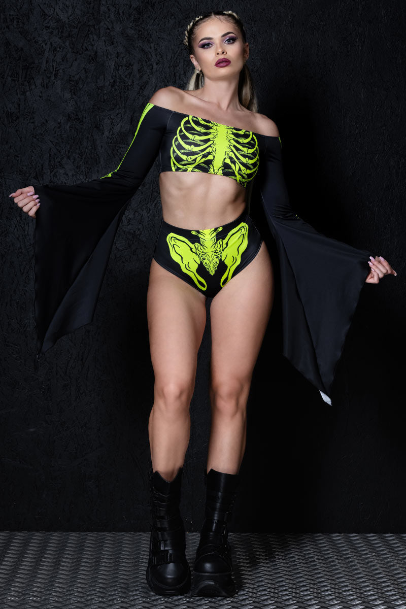 Acid Skeleton Off Shoulder Long Sleeve Crop Top Full View