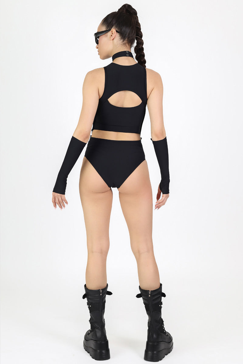 Black 2 Piece Cut Out Bodysuit Back View