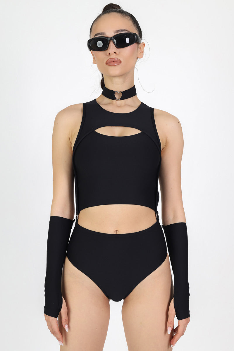 Black 2 Piece Cut Out Bodysuit Front View