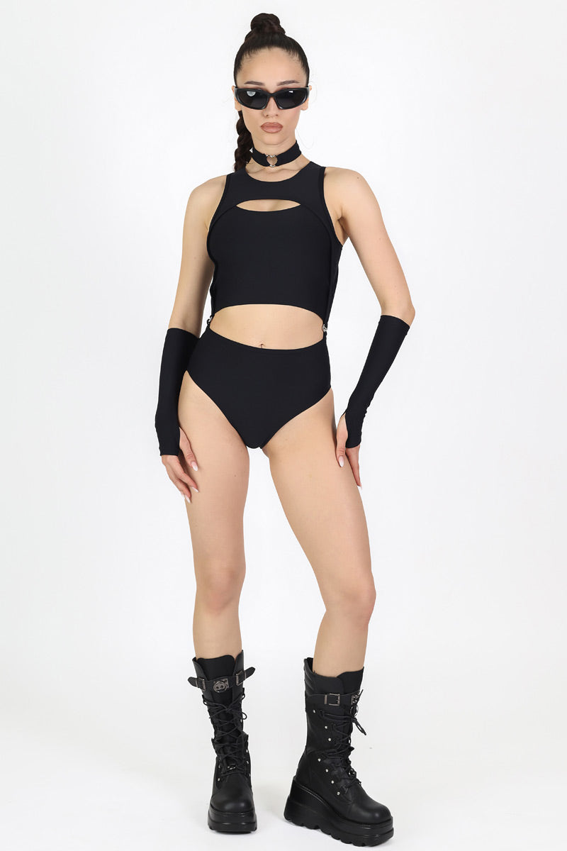 Black 2 Piece Cut Out Bodysuit Full View