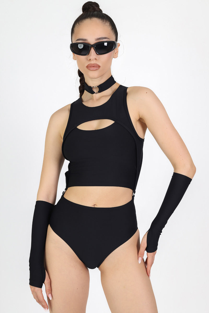 Black 2 Piece Cut Out Bodysuit Side View