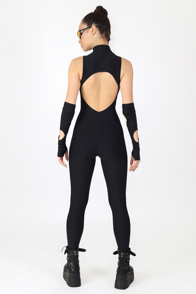 Black Cut Out Catsuit Back View