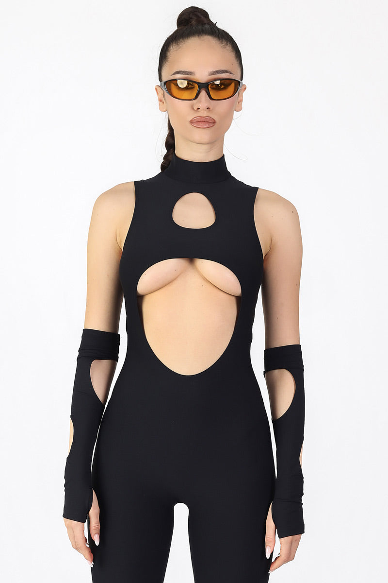 Black Cut Out Catsuit Close View