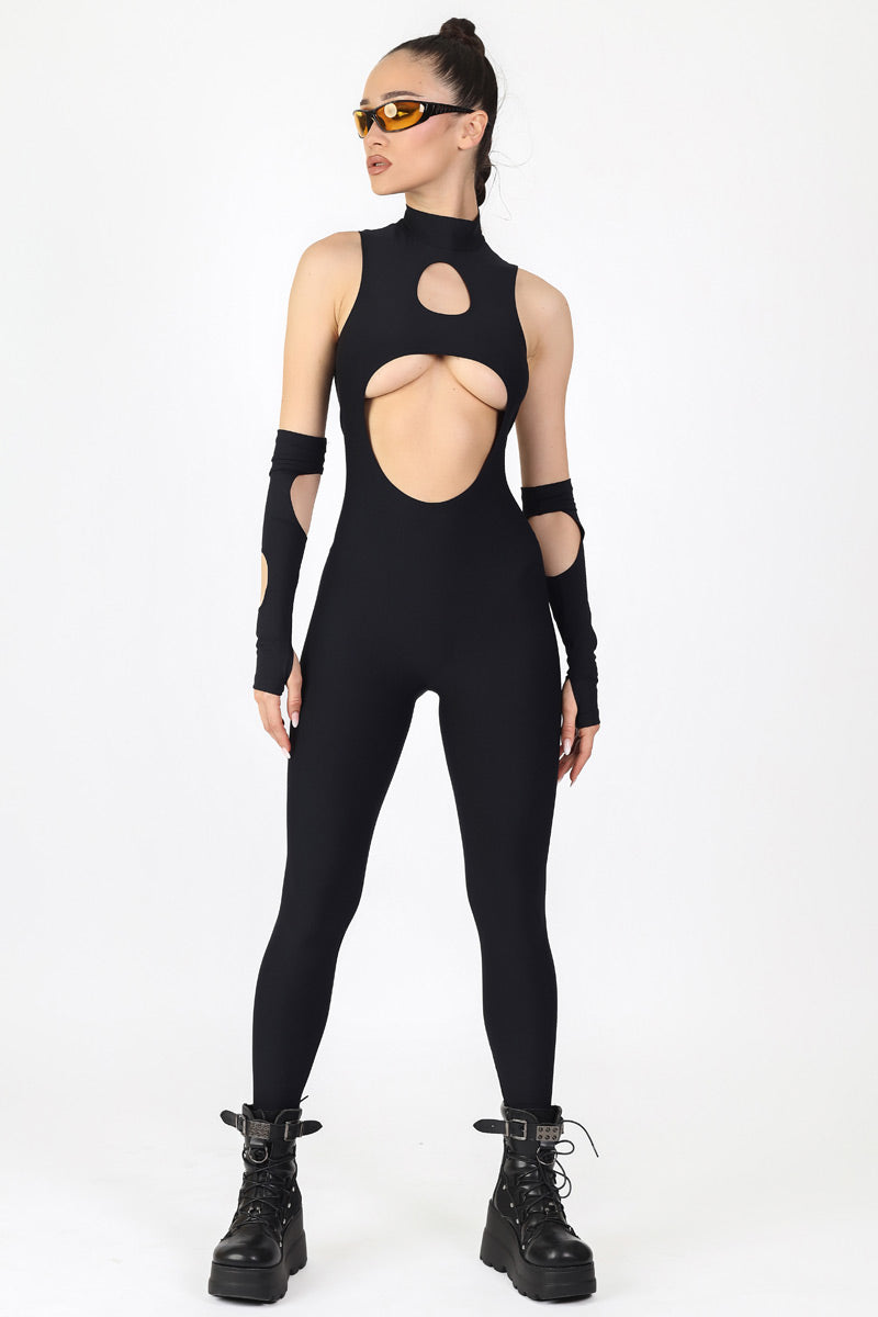 Black Cut Out Catsuit Front View