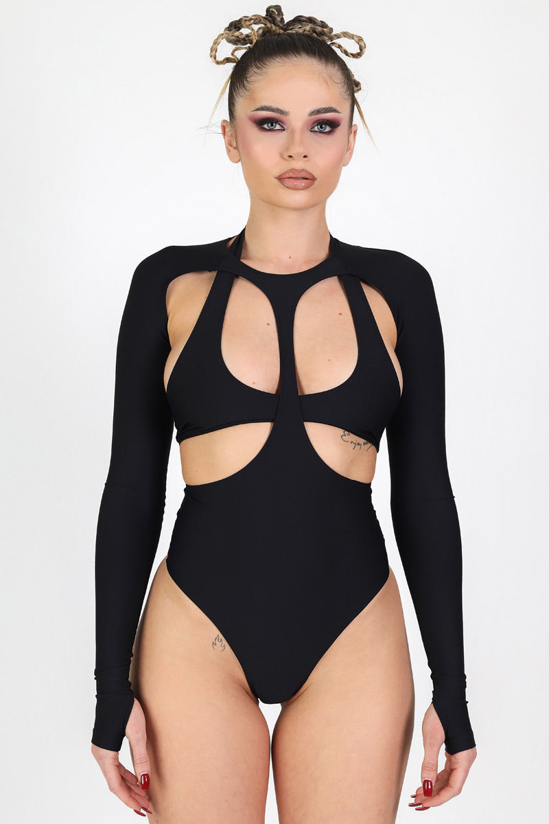 Black Long Sleeve Cut Out Bodysuit Close View