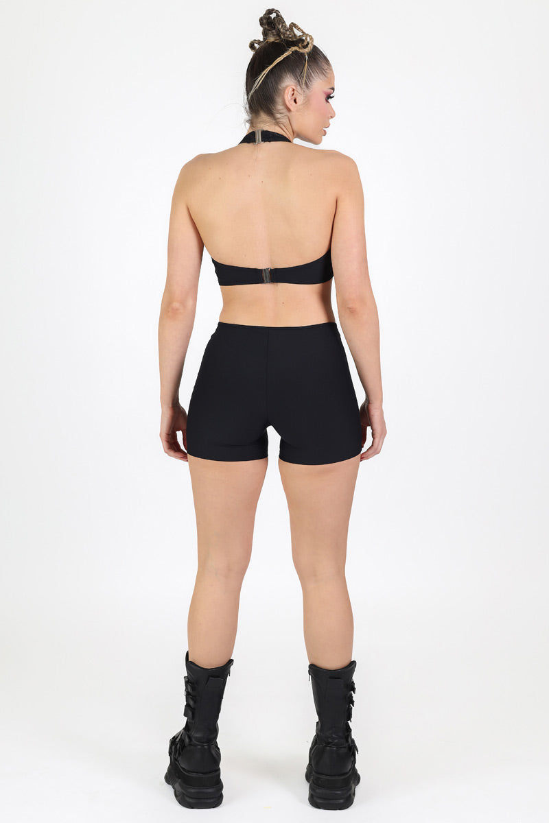 Black O-Ring Halter Romper Back View