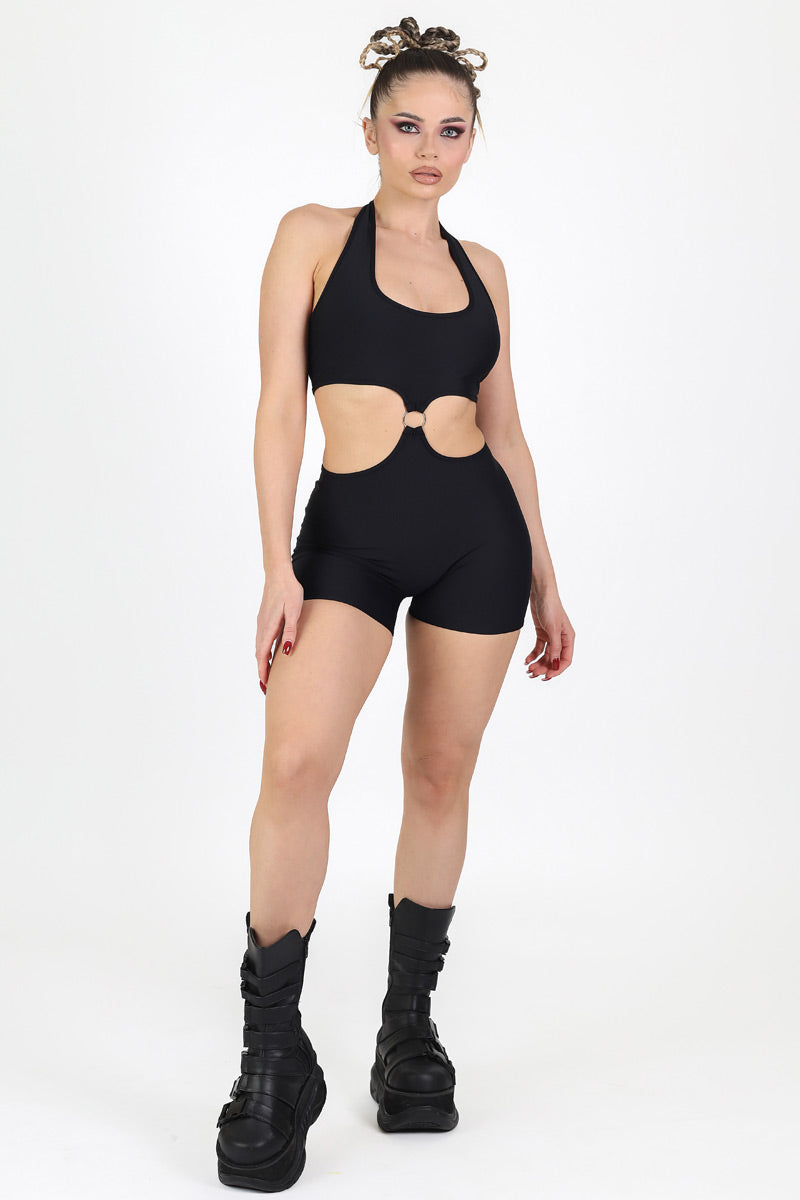 Black O-Ring Halter Romper Front View