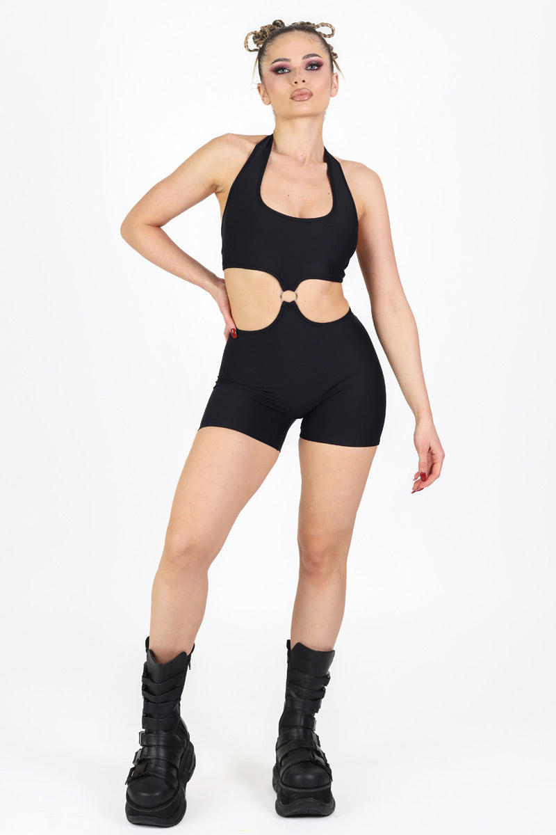 Black O-Ring Halter Romper Side View