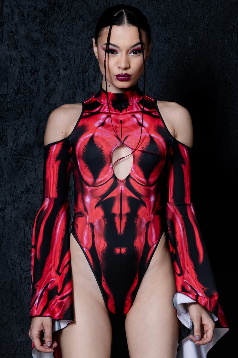 Bloodlust Devil Cut Out Flare Sleeve Thong Bodysuit Close View