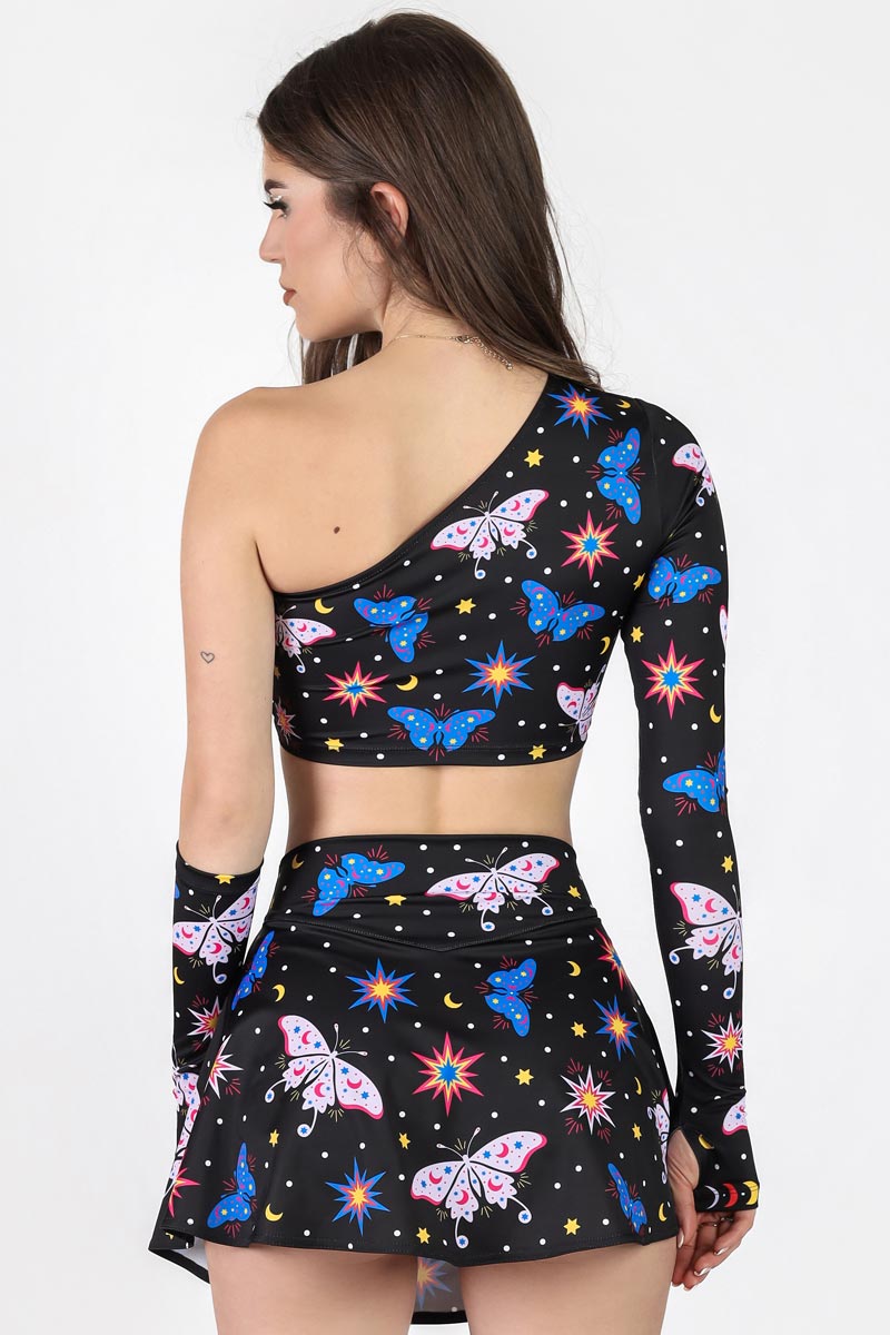 Celestial Flutter One Shoulder Long Sleeve Crop Top Back View