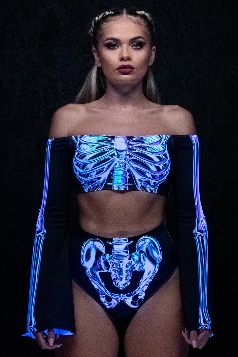 Chromatic Skeleton Booty Shorts Set UV Front View