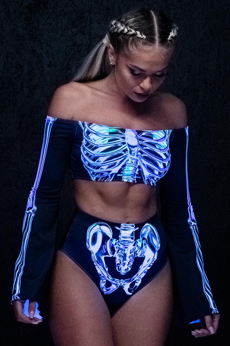 Chromatic Skeleton Off Shoulder Long Sleeve Crop Top UV Close View