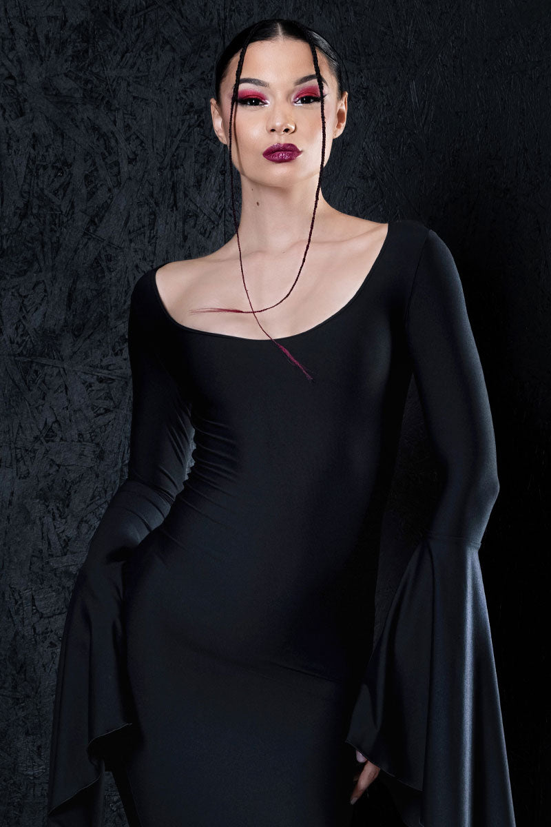 Dark Elegance Floor Length Black Dress Close View