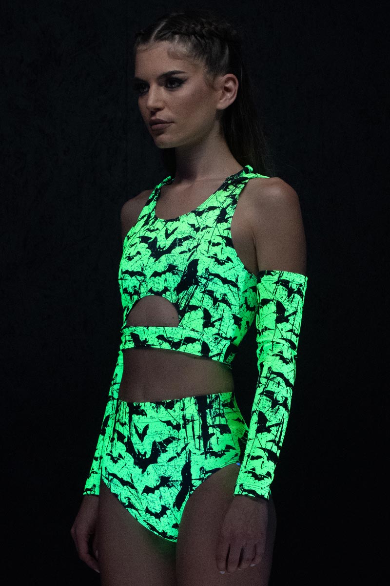 Glowing Bats Hooded Cut Out Crop Top UV Side View