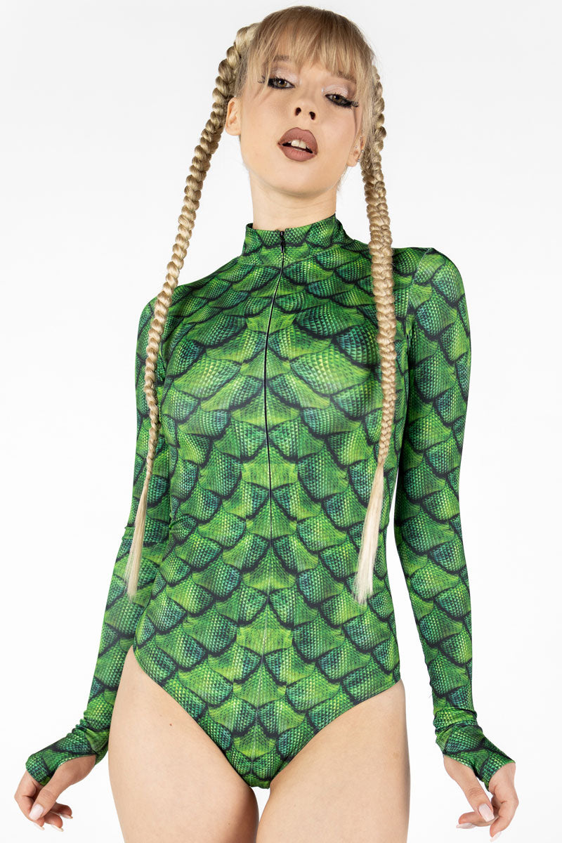 Green Dragon Scale Long Sleeve Bodysuit Close View