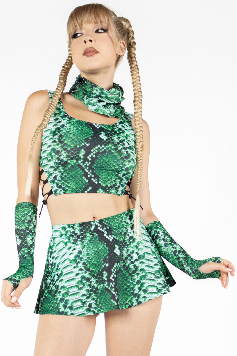 Green Snakeskin Rave Mini Skirt Set Close View