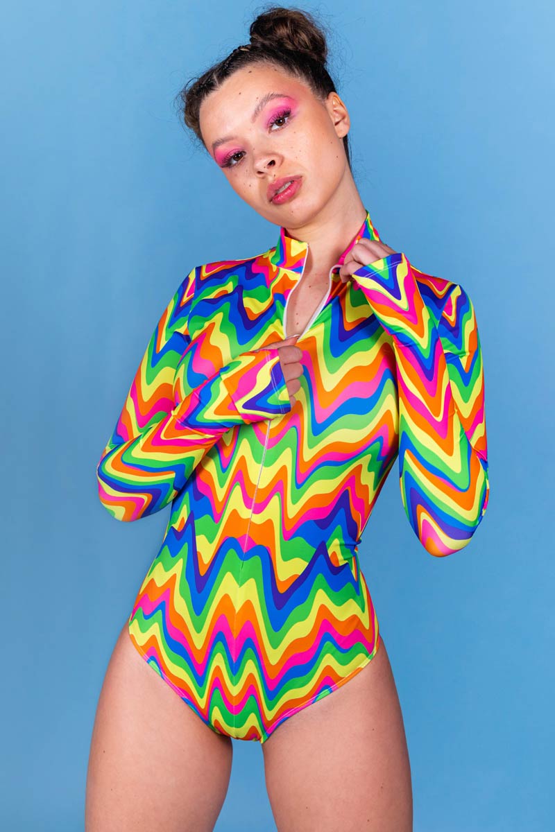 Groovy Rainbow Long Sleeved Bodysuit Close View