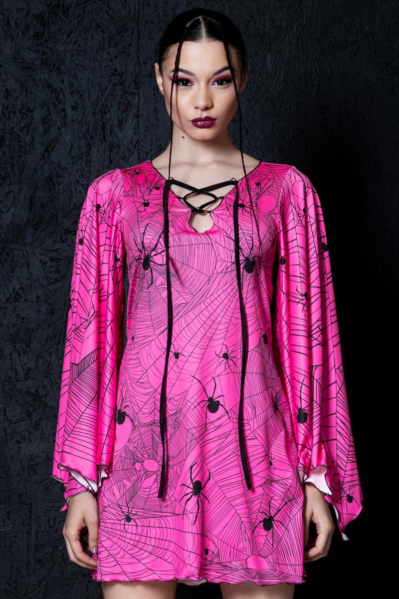 Hot Pink Spiderwebs Bell Sleeve Dress Front View