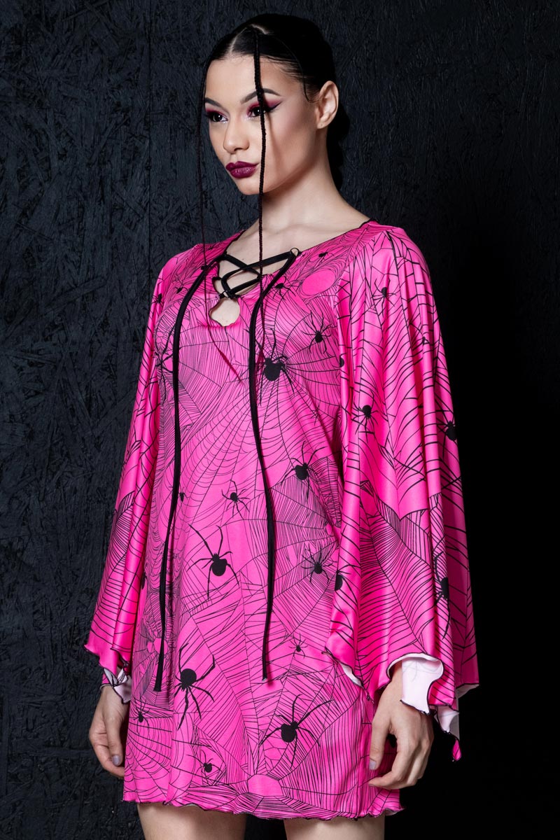 Hot Pink Spiderwebs Bell Sleeve Dress Side View