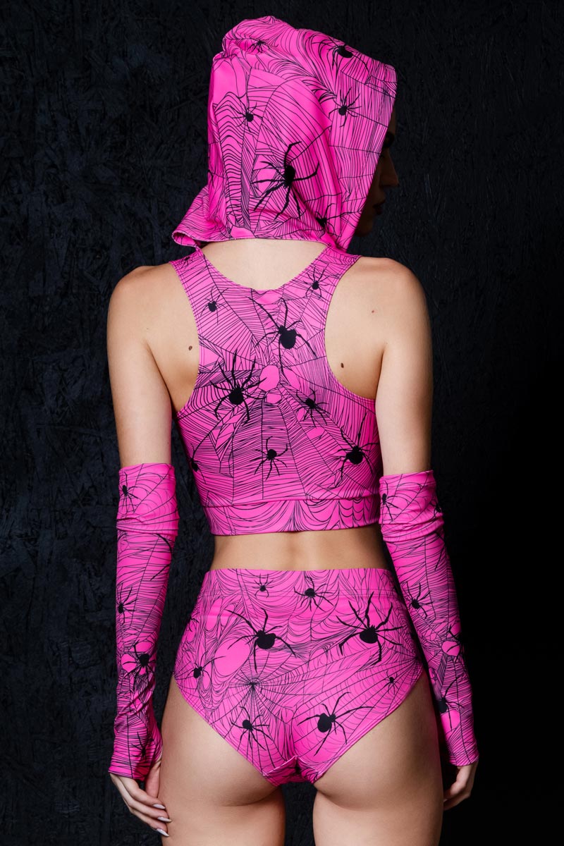 Hot Pink Spiderwebs Hooded Cut Out Crop Top Back View