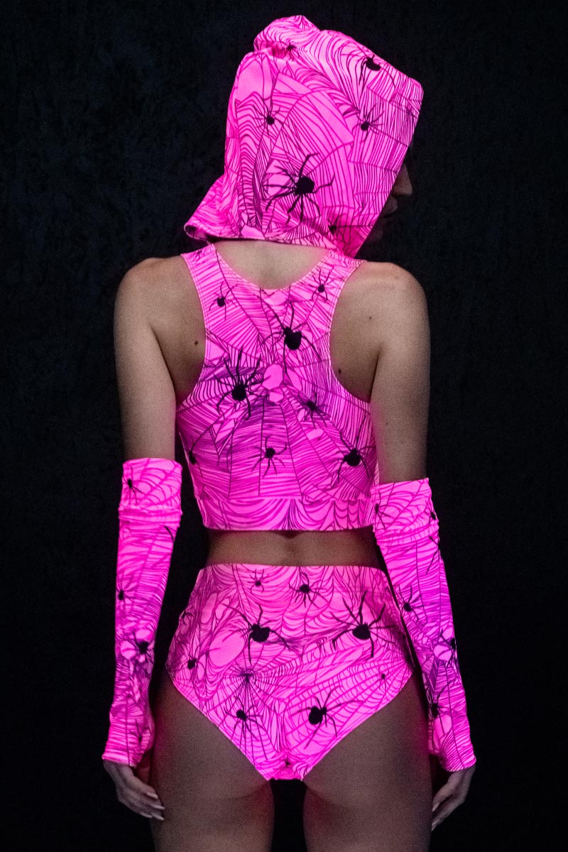 Hot Pink Spiderwebs Hooded Cut Out Crop Top UV Back View