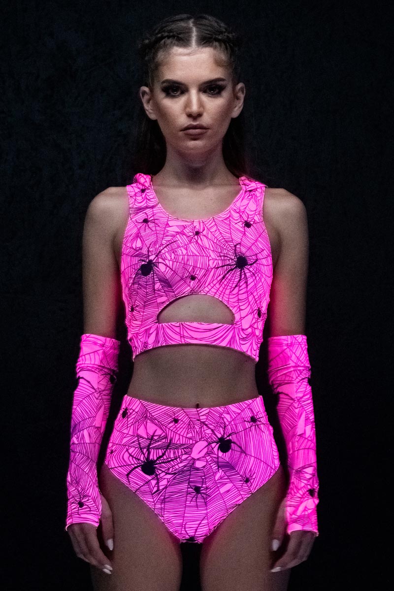 Hot Pink Spiderwebs Hooded Cut Out Crop Top UV Front View