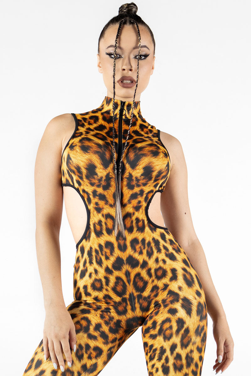 Leopard Cut Out Catsuit Close View