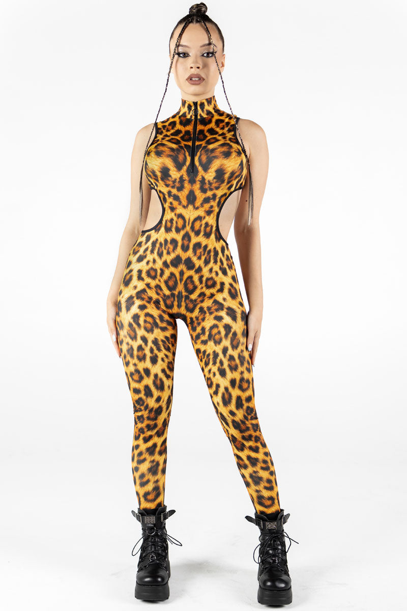 Leopard Cut Out Catsuit Front View