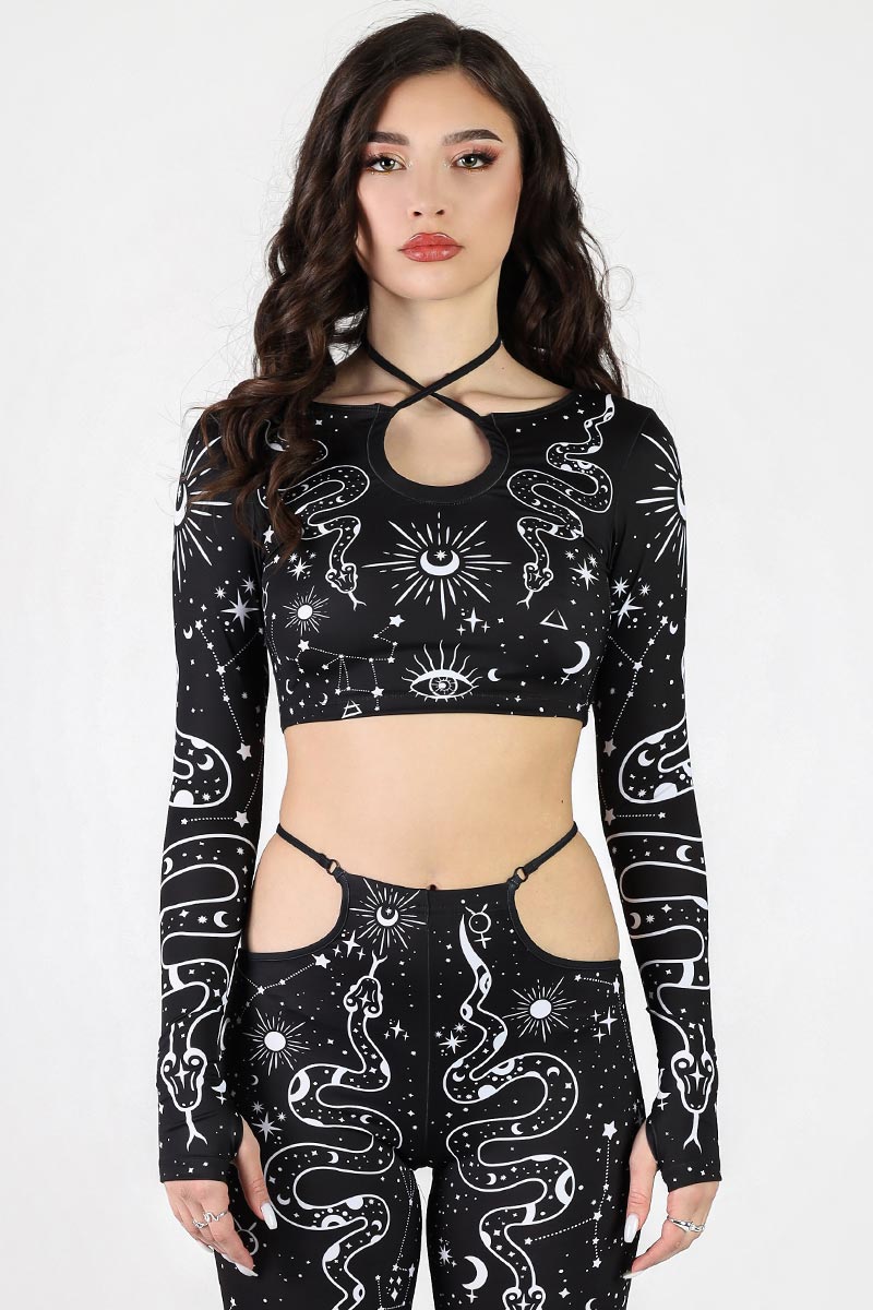 Lilith Halter Cutout Long Sleeve Crop Top Front View