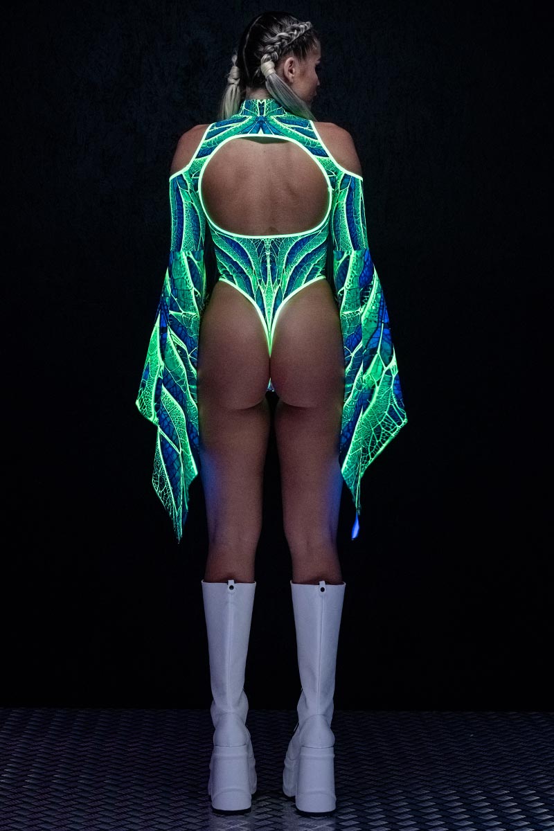 Luminous Fairy Cut Out Flare Sleeve Thong Bodysuit UV Back View