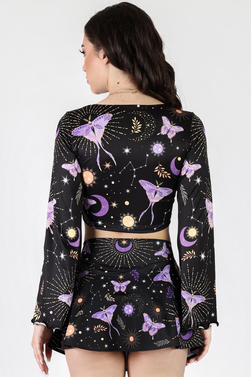 Lunar Moth Long Sleeved Tie Knot Crop Top Back View