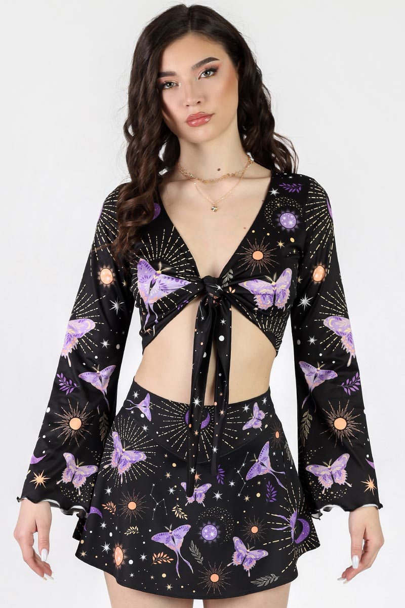 Lunar Moth Long Sleeved Tie Knot Crop Top Front View