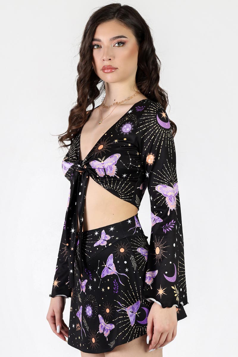 Lunar Moth Long Sleeved Tie Knot Crop Top Side View