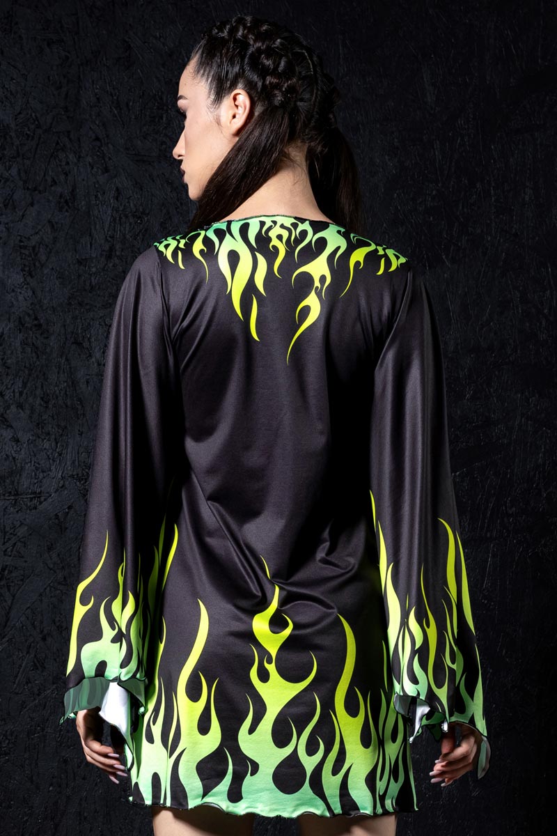 Neon Fire Dance Bell Sleeve Dress Back View