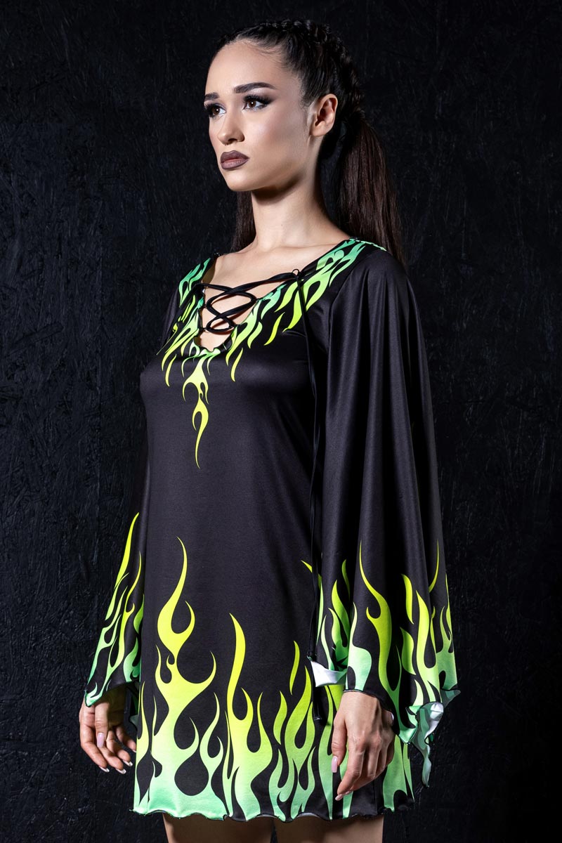 Neon Fire Dance Bell Sleeve Dress Side View