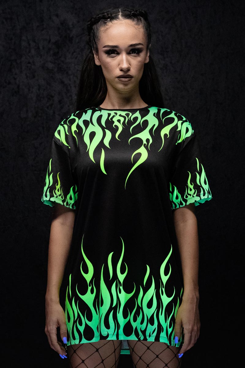 Neon Fire Dance Oversized Tee Dress UV Front View