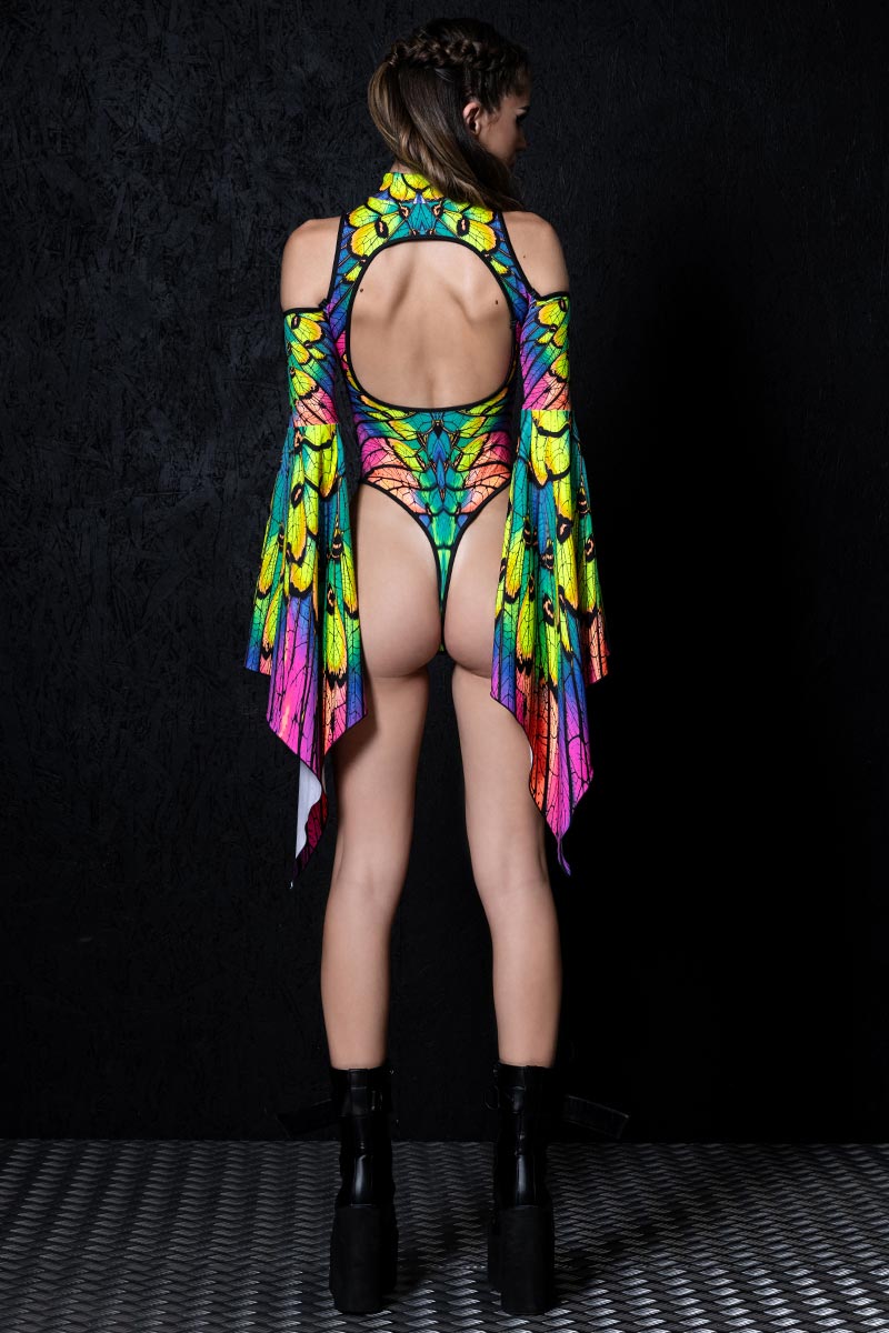 Neon Nymph Cut Out Flare Sleeve Thong Bodysuit Back View