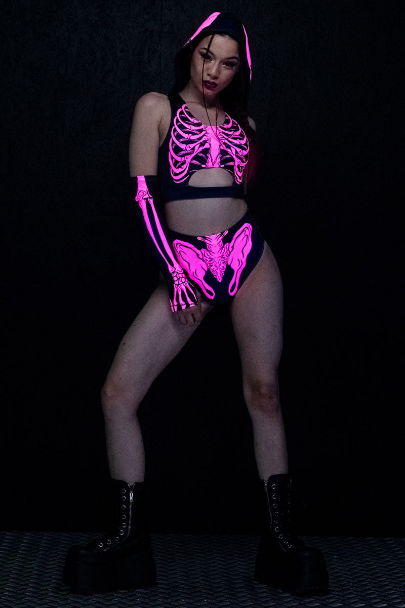 Neon Pink Skeleton Booty Shorts Set UV Full View