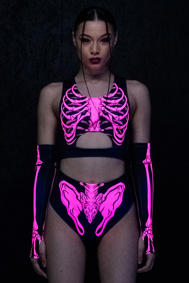 Neon Pink Skeleton Booty Shorts UV Front View