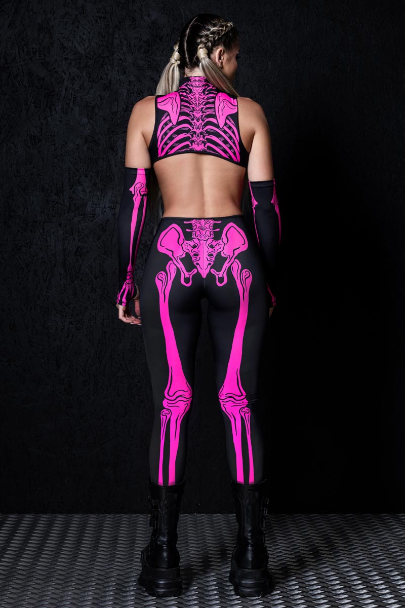 Neon Pink Skeleton Cut Out Catsuit Back View