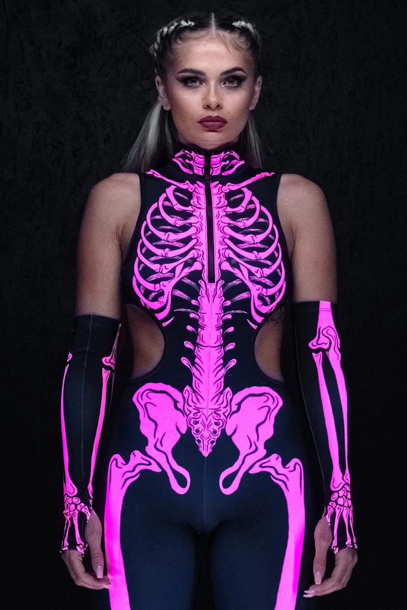 Neon Pink Skeleton Cut Out Catsuit UV Close View