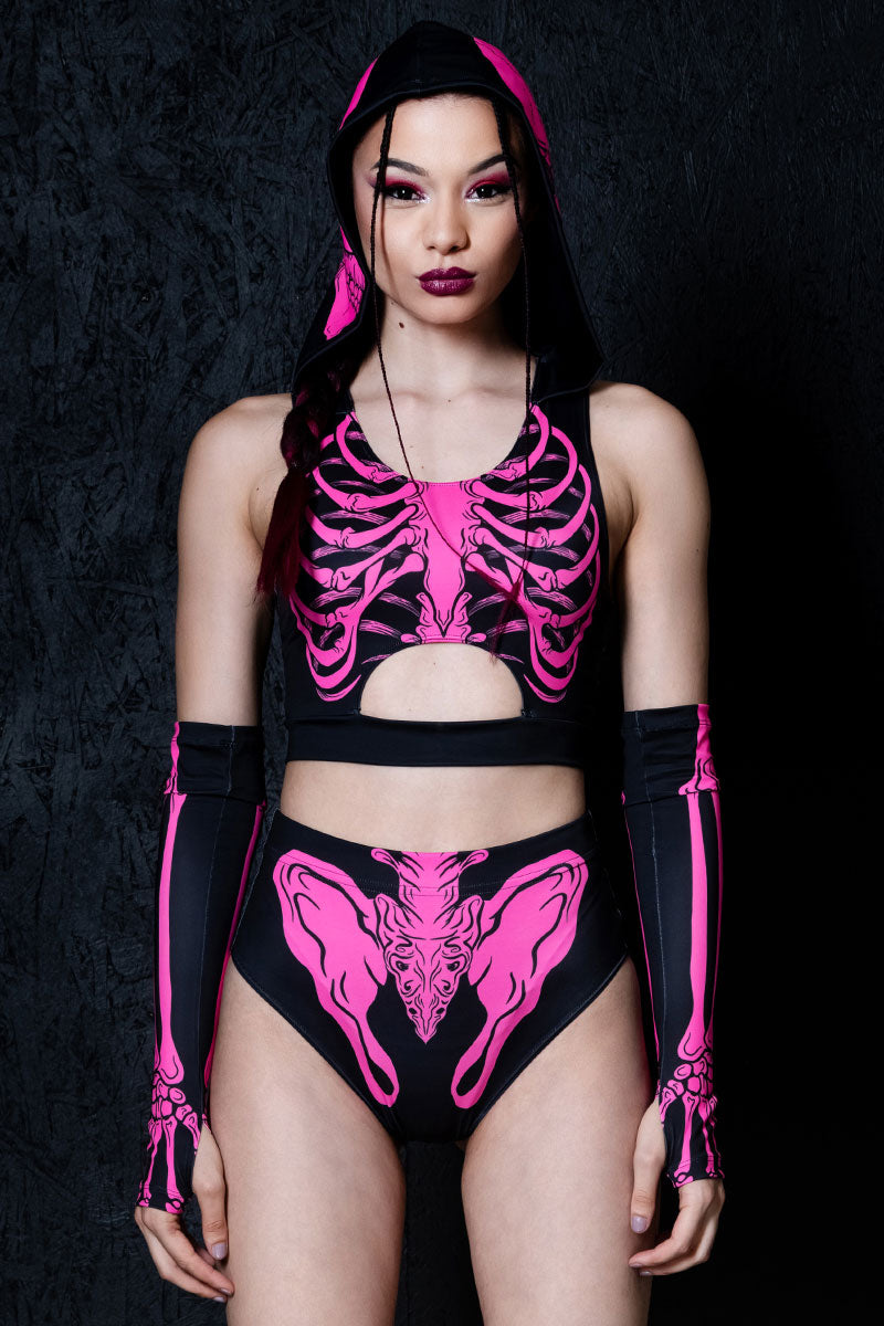 Neon Pink Skeleton Hooded Cut Out Crop Top Front View