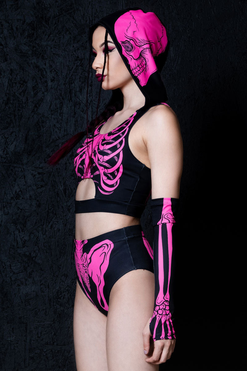 Neon Pink Skeleton Hooded Cut Out Crop Top Side View