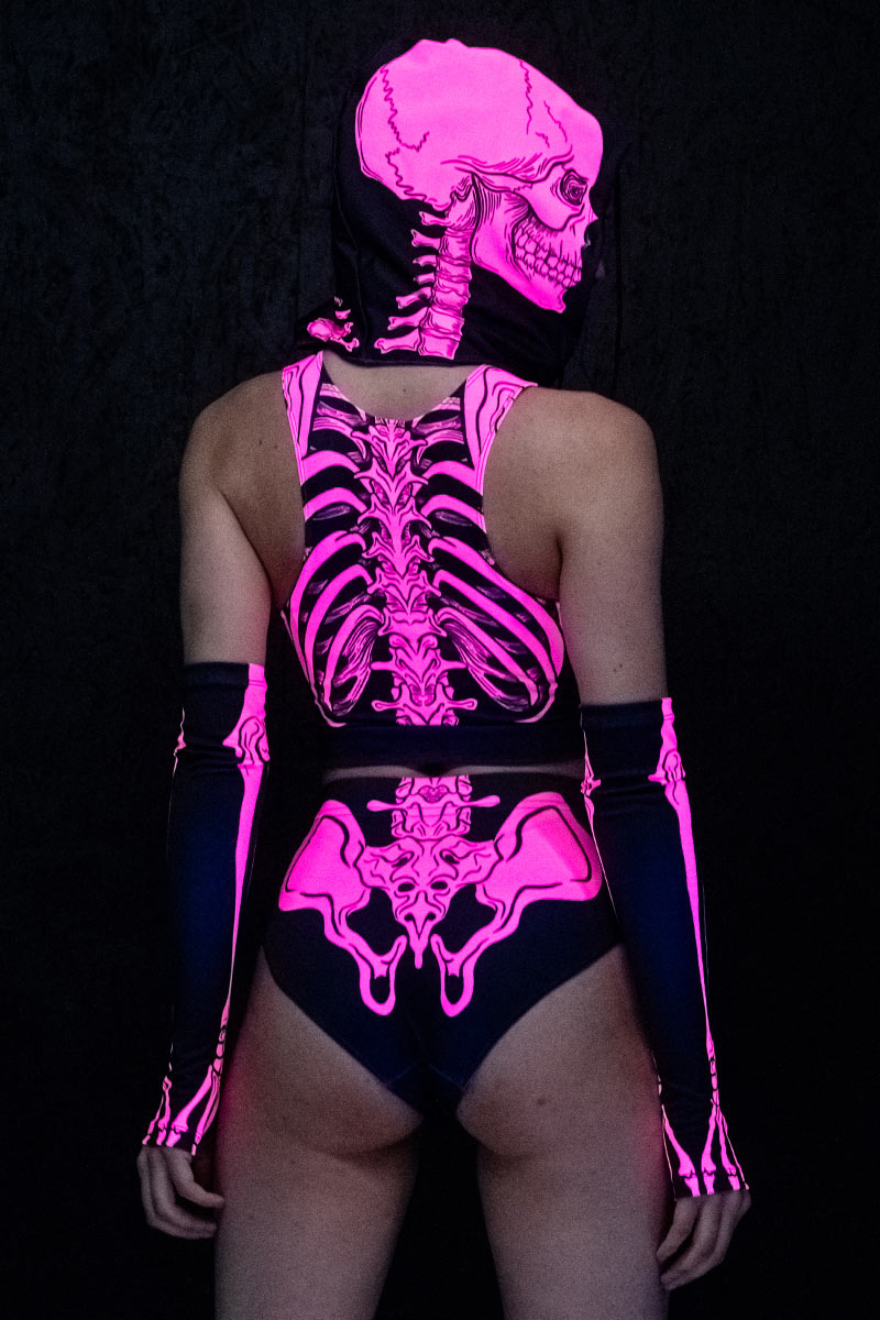 Neon Pink Skeleton Hooded Cut Out Crop Top UV Back View