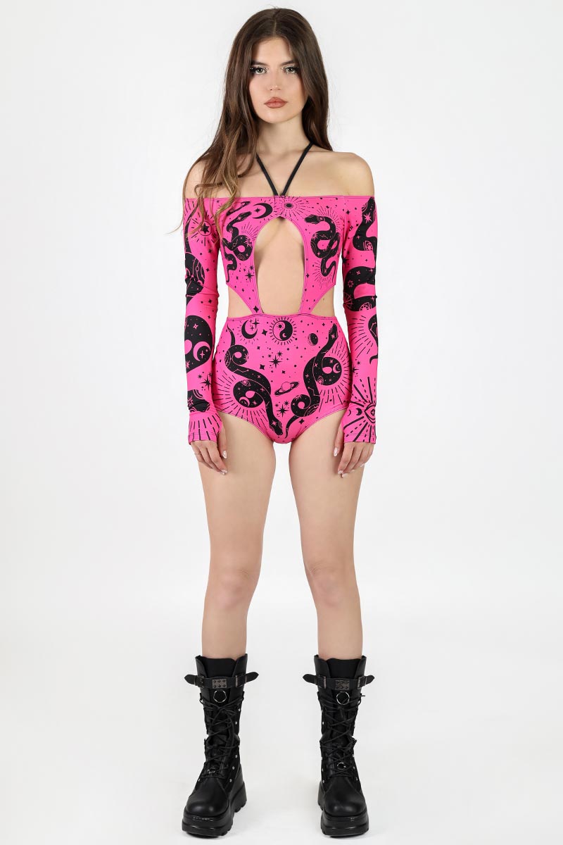 Pink Venom Off-Shoulder Cutout Bodysuit Full View