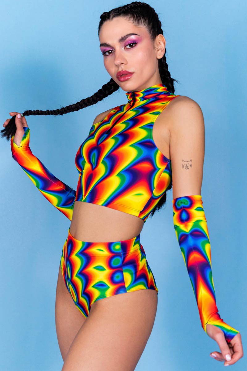 Rainbow Bloom Half Zip Crop Top Side View