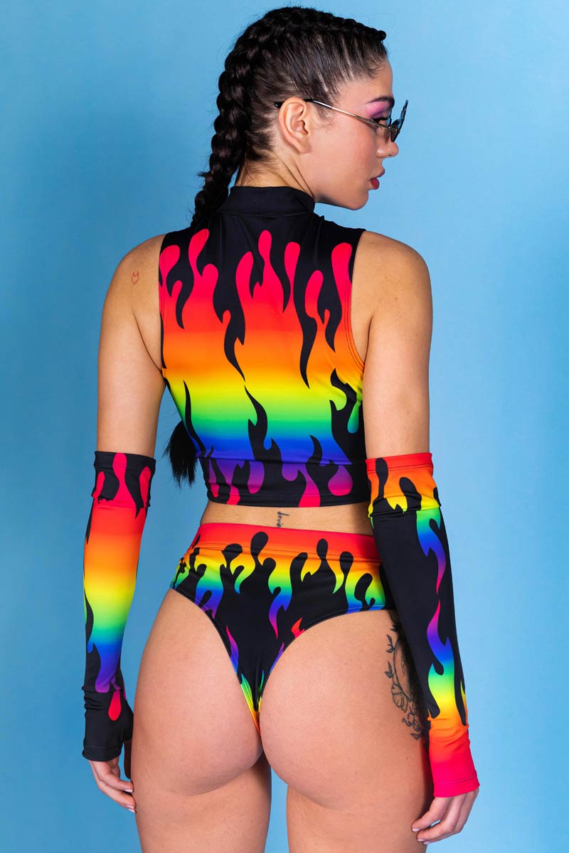 Rainbow Flames Half Zip Crop Top Back View