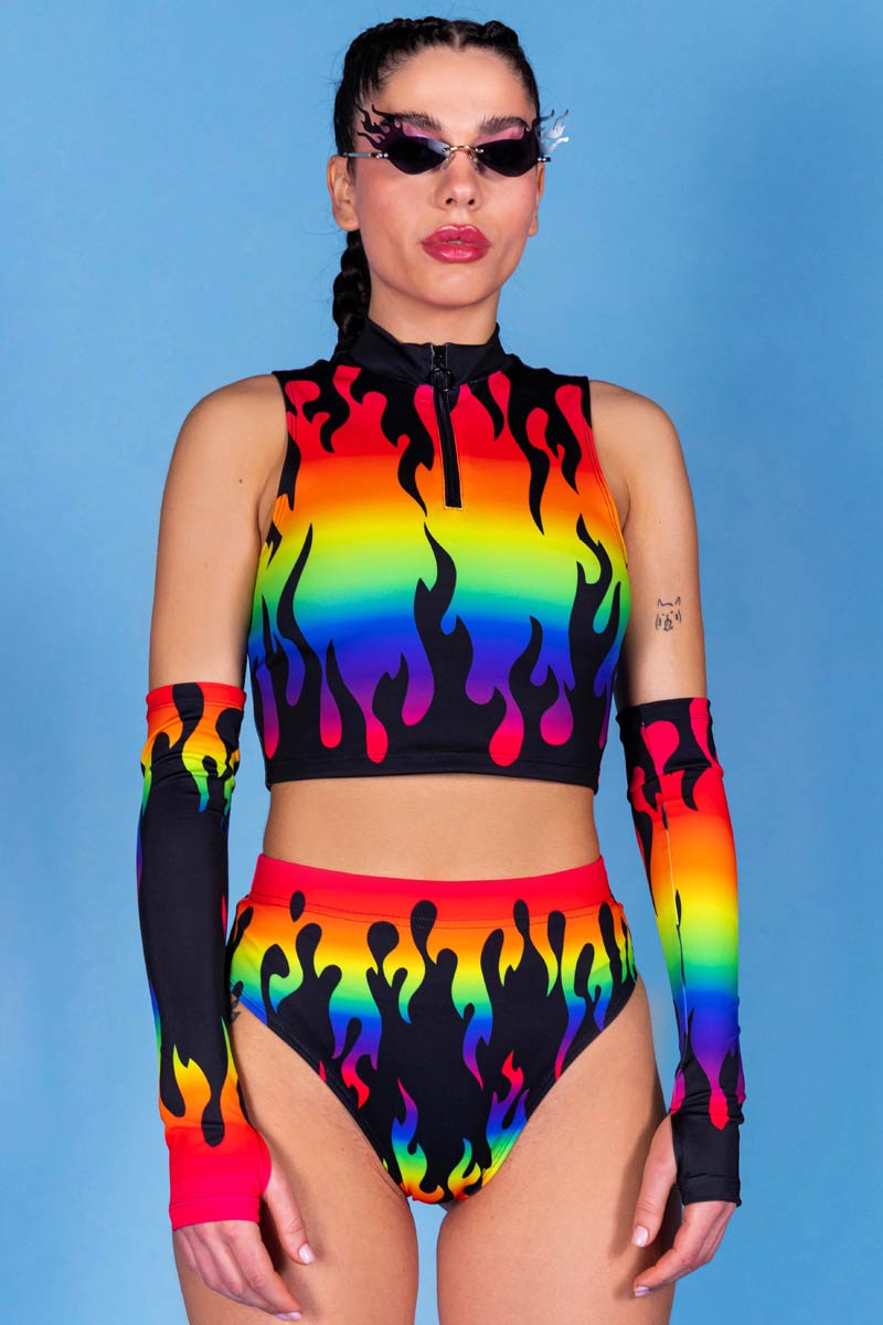 Rainbow Flames Half Zip Crop Top Close View