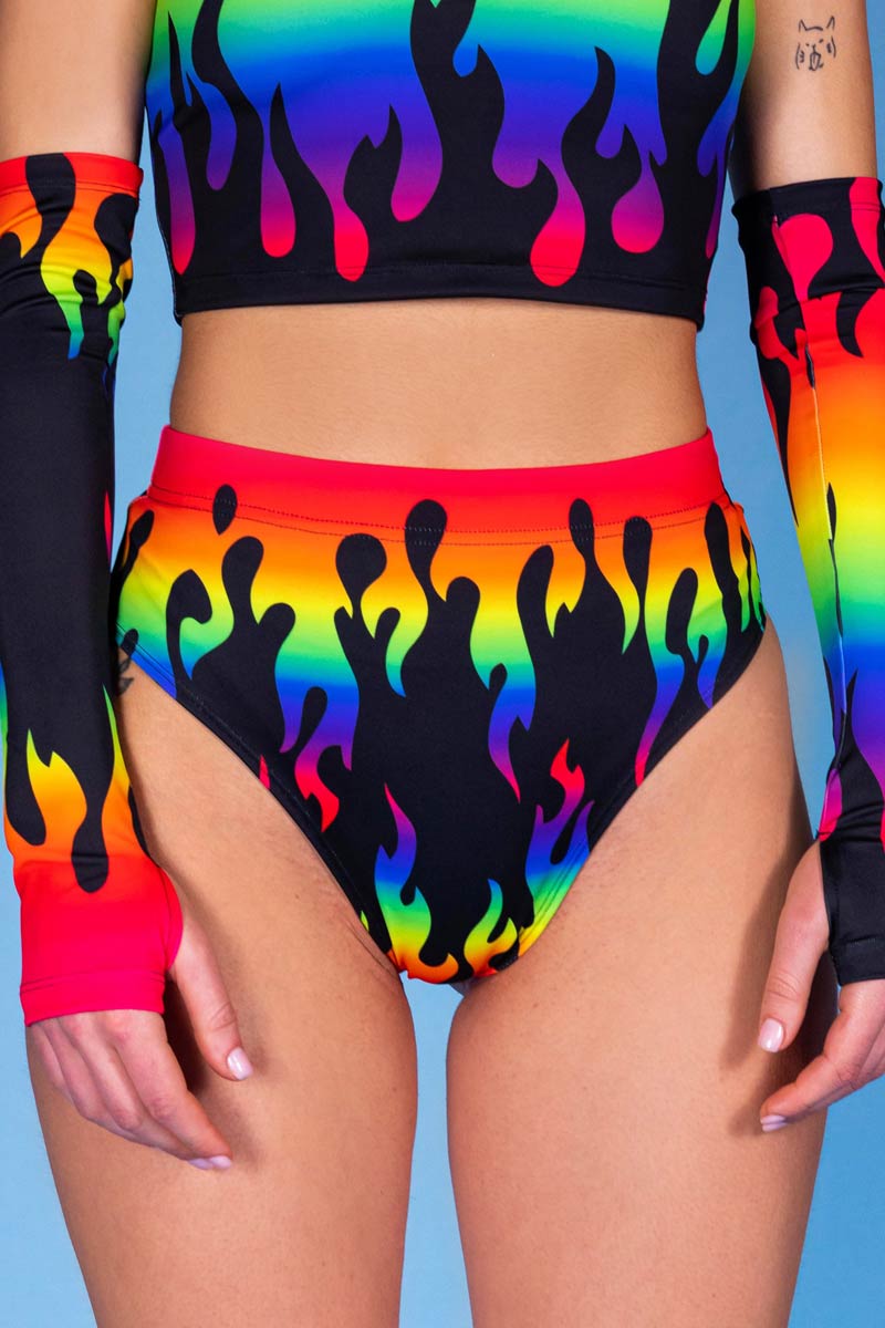 Rainbow Flames Thong Shorts Close View