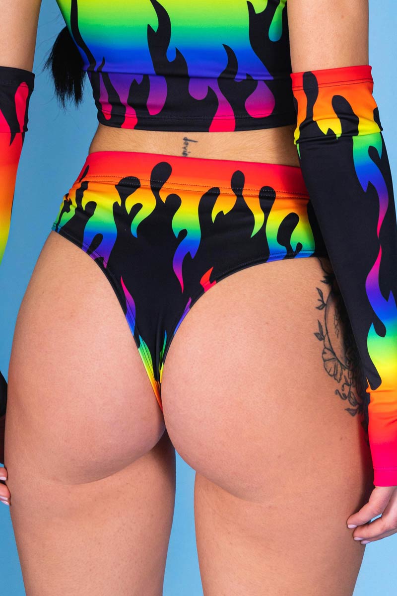 Rainbow Flames Thong Shorts Set Back View